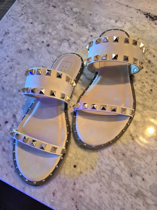 ShuShop Shoes - Like New Gold Studded Two-Strap Slide Sandals - Cream Nude Color
